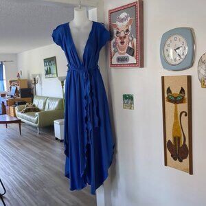 Vintage 💕 GEOGETTE TRABOLSI 💕 ROYAL BLUE SATIN Belted Wrap LONG Robe Small